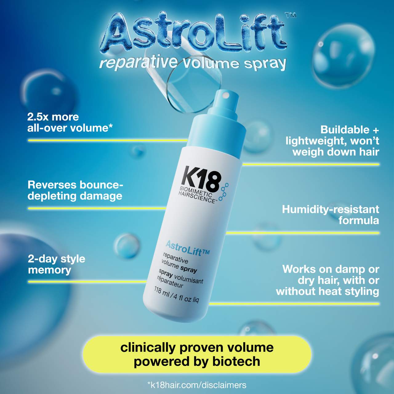 Pre-order: K18 Biomimetic | Hairscience AstroLift™ Reparative Volume Spray