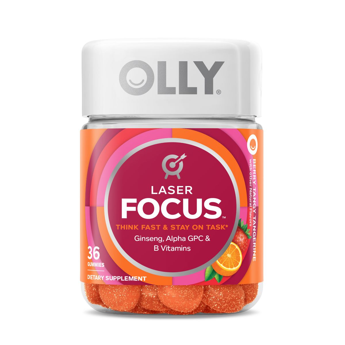 OLLY | Laser Focus Gummies with Ginseng, Alpha GPC & B Vitamins - Berry Tangerine | 36ct