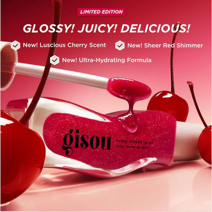 Gisou | Honey Infused Hydrating Lip Oil | Cherry On The Cake - Sheer Pinky Red Shimmer