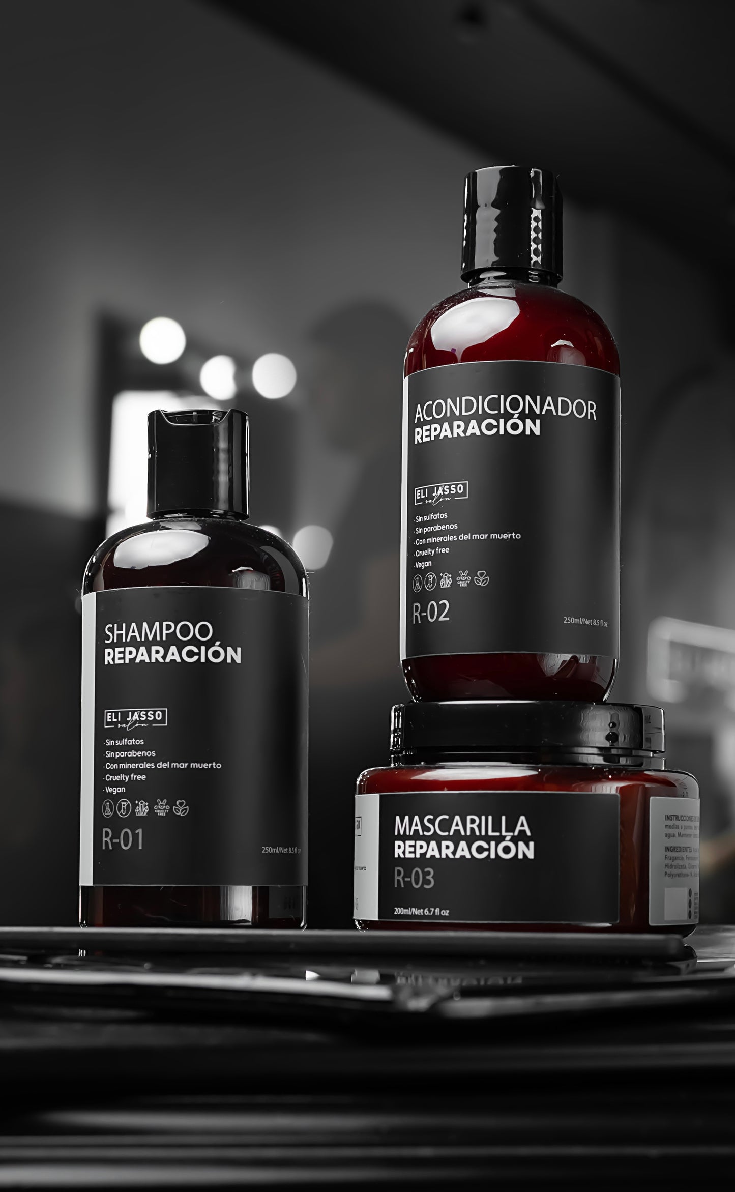 Eli Jasso Salón | SHAMPOO R-01, ACONDICIONADOR R-02 & MASCARILLA REPARACIÓN R-03